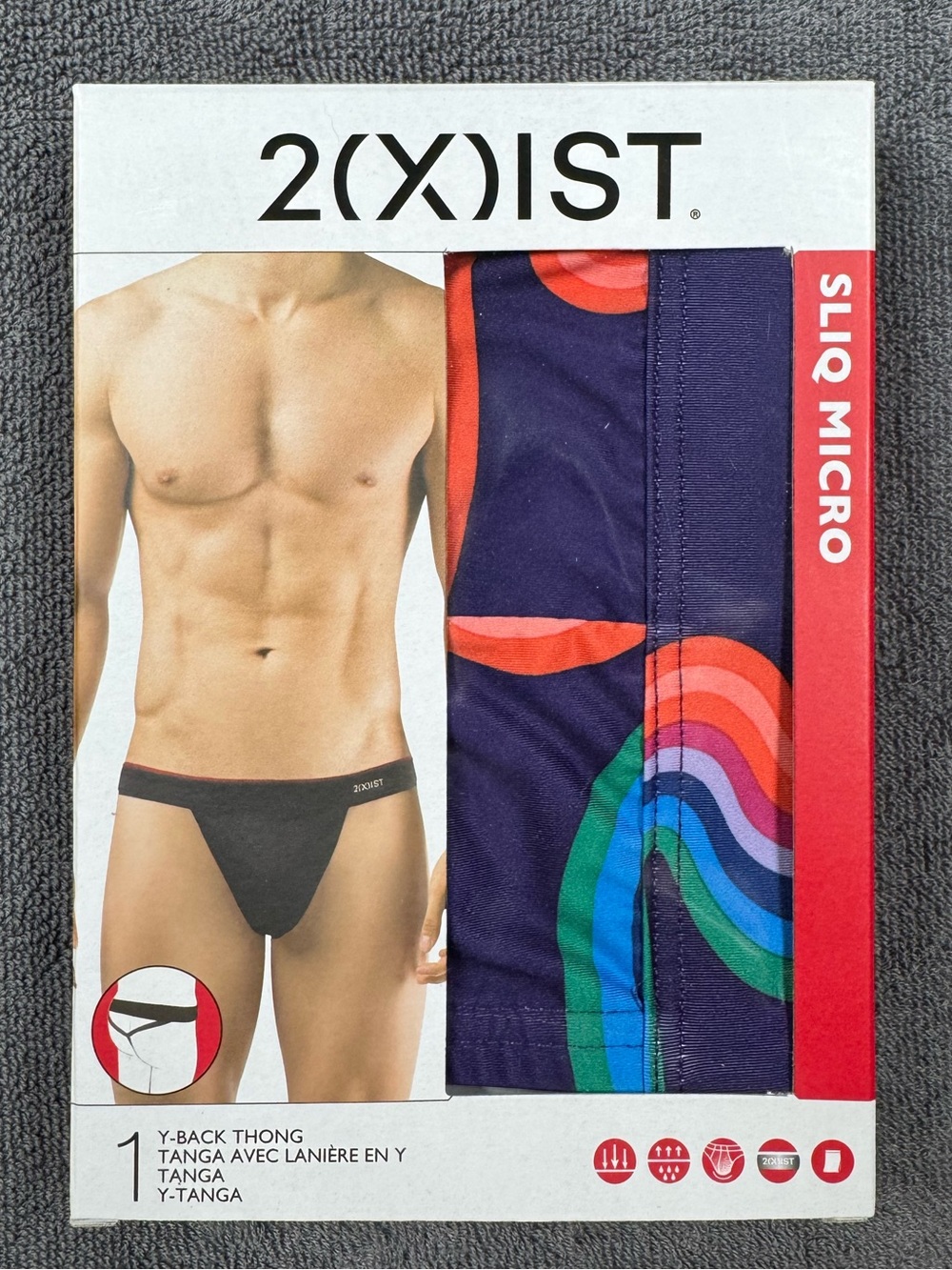 2xist Men’s Sliq Micro Y-Back Thong — Navy with Multicolor Wave